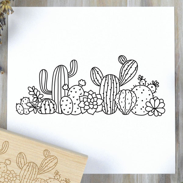 Cactus Row Border Stamp, Succulent Botanical Garden Rubber Stamp - a Summer Nature Coloring Stamp