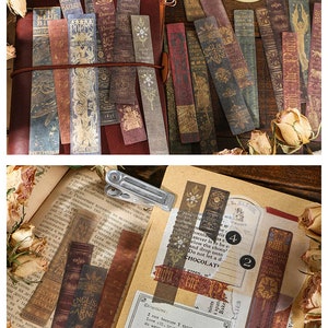 May include: A collection of vintage-style paper bookmarks with book-themed designs. The bookmarks feature aged paper textures, with titles like "Poems" and "English Costume." The color palette includes browns, reds, and gold.