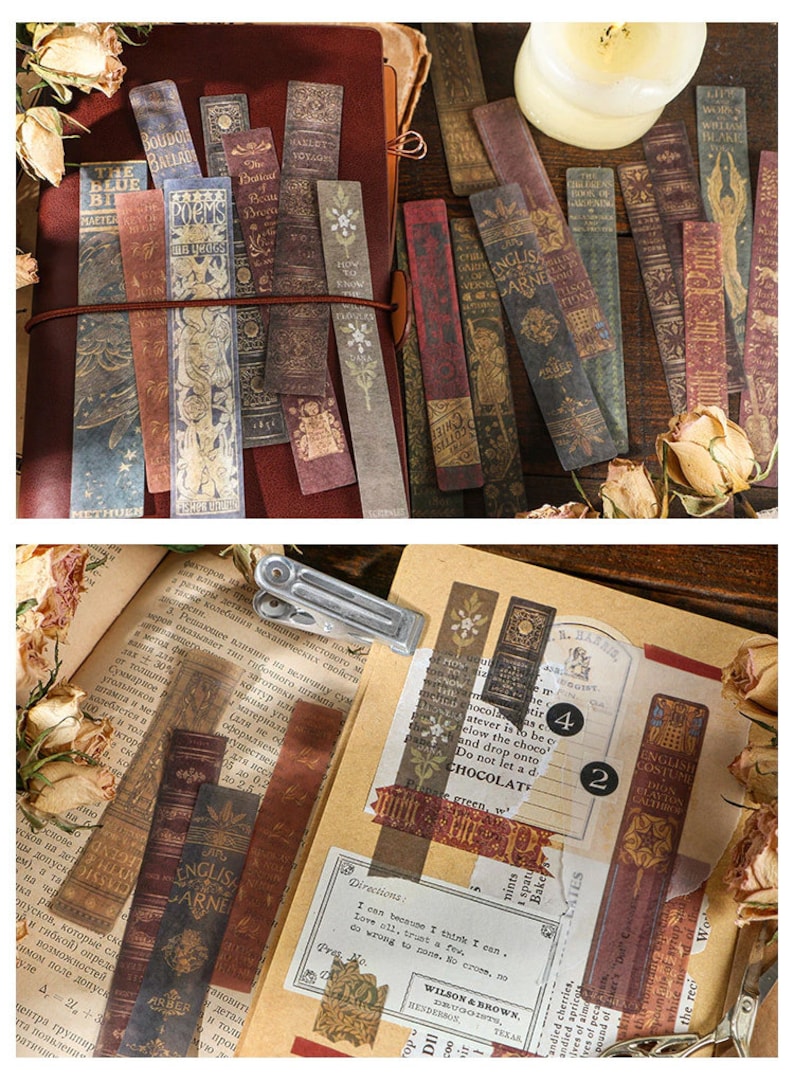 May include: A collection of vintage-style paper bookmarks with book-themed designs. The bookmarks feature aged paper textures, with titles like "Poems" and "English Costume." The color palette includes browns, reds, and gold.