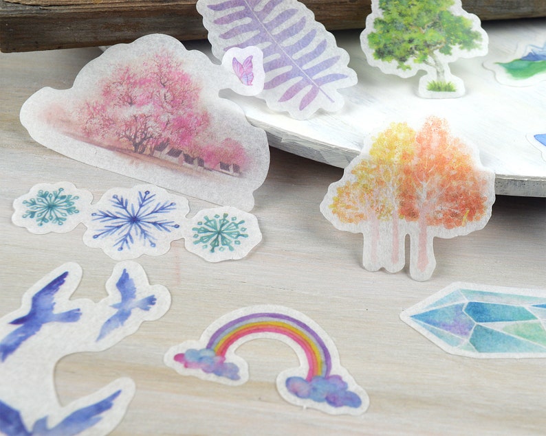 Aquarelle Nature Washi Stickers 60 pcs, Junk Journal Supplies, Trees, Leaf, Natural Sticker Ephemera image 3