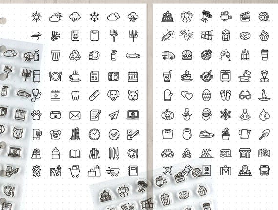 Icon Planner Stamp Set 54pc, Journal Stamps for Bullet Points, Dotted Journal Calendar Clear Stamps
