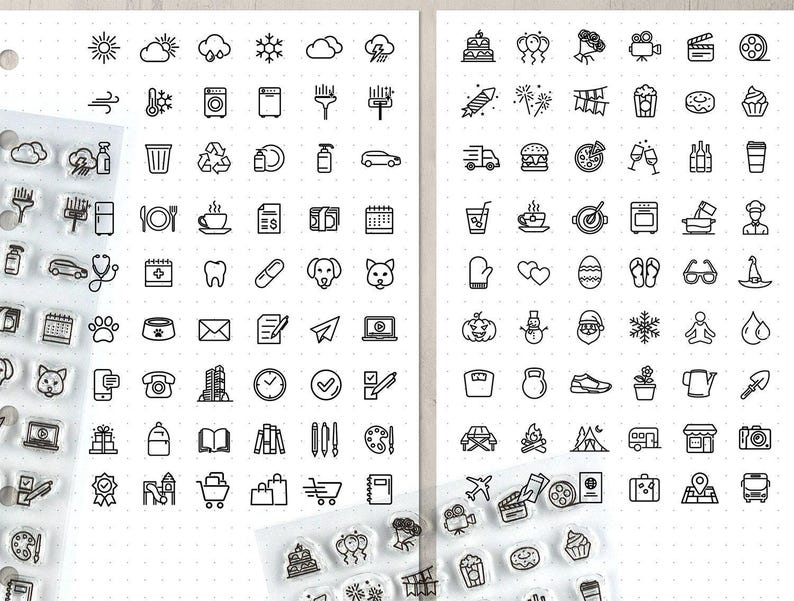 May include: Clear stamps featuring a variety of black line art icons. The icons include weather symbols, food items, medical symbols, and travel-related images. The stamps are arranged on clear sheets with a dotted background.