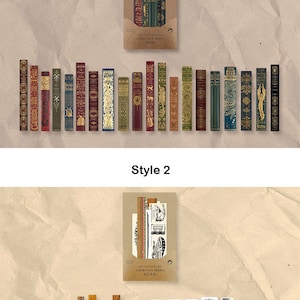 May include: Two sets of decorative stickers. Style 1 features stickers designed as vintage books with gold and red accents. Style 2 includes ruler, pen, and scissor stickers in black and white. The stickers are arranged on a beige background.