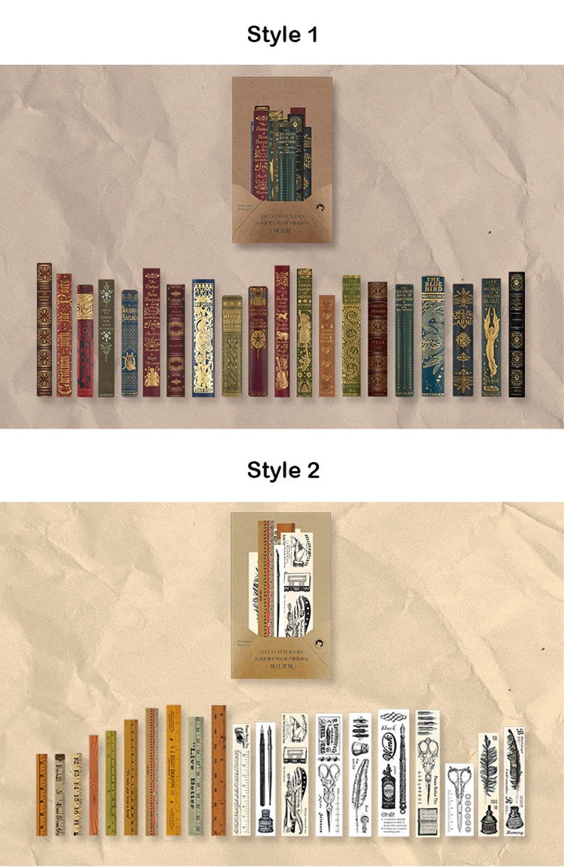 May include: Two sets of decorative stickers. Style 1 features stickers designed as vintage books with gold and red accents. Style 2 includes ruler, pen, and scissor stickers in black and white. The stickers are arranged on a beige background.