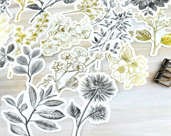 Large Foil Floral Washi Stickers 60 pcs, Junk Journal Ephemera, Vintage Flower Botanical Stickers for Art Journals