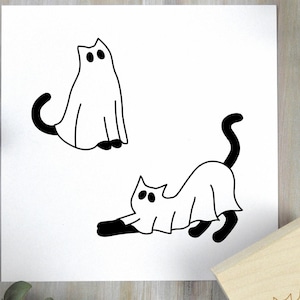 Cat Ghost Halloween Stamp, Cute Boo Ghost Rubber Stamp Set, Fun Animal Kitty Costume Stamp