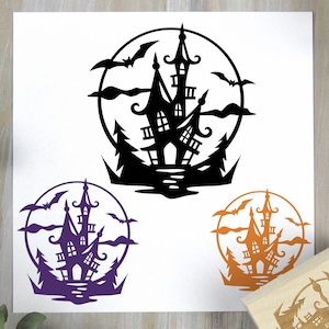 Haunted House Rubber Stamp, Halloween Stamp, Spooky Fun Bats and Moon, Haunted Holiday Stamp for Halloween Gifts