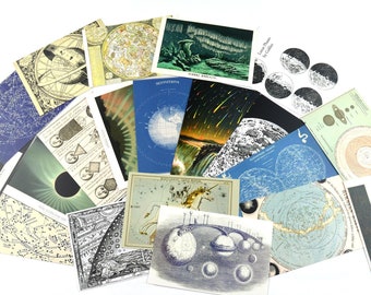 Postcard Set 20 Astronomy, New Vintage Design Celestial Moon, Constellations, Astrology, Mail Postcrossing, Penpal, or Junk Journal Supplies