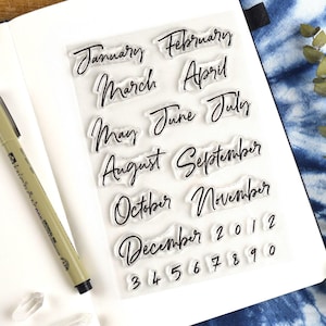 Script Month Journal Clear Stamp Set, 4x6in Photopolymer Planner Stamps with Number Stamps for Dates and Calendars