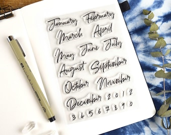 Script Month Journal Clear Stamp Set, 4x6in Photopolymer Planner Stamps with Number Stamps for Dates and Calendars