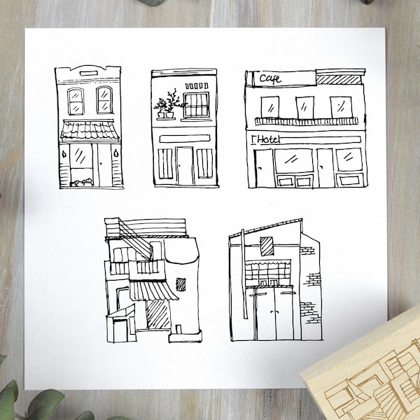 Sketched Buildings Stamps, Build a Town or Street Scene Rubber Stamp Set - Cute Houses, Cafe, Loft, Town Home, Hand Drawn, Journal or Travel