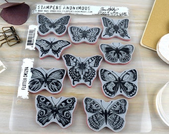 Butterfly Moth Rubber Stamp Set (10), Tim Holtz Flutter Cling Stamps by Stampers Anonymous