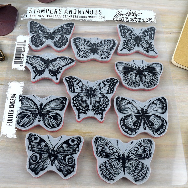 Butterfly Moth Rubber Stamp Set (10), Tim Holtz Flutter Cling Stamps by Stampers Anonymous