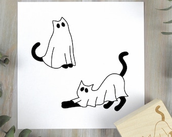 Cat Ghost Halloween Stamp, Cute Boo Ghost Rubber Stamp Set, Fun Animal Kitty Costume Stamp