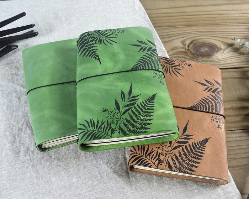 Green Leather Refillable Journal - A5 Tri-fold Botanical Travel ...