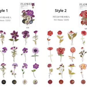 以下が含まれることがあります： 2種類の花のステッカーセット。スタイル1は紫色の花、スタイル2は赤い花が特徴です。各セットには20枚のステッカーが含まれており、サイズは7 x 7 cmです。「FLOWER」の文字が各セットの上部にあります。