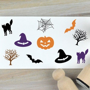 Tiny Halloween Stamp Set, Halloween Icon Mini Rubber Stamps, with Witch Hat, Black Cat, Pumpkin, Tree, Bat, and Spider Web