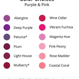 May include: A color chart titled "Color Choices" with the subtitle "Purple & Pink." The chart displays a series of color swatches with names like "Abergine," "Wine Cellar," and "Vibrant Fuchsia." The text "part of the Wendy Vecchi color series" is at the bottom.