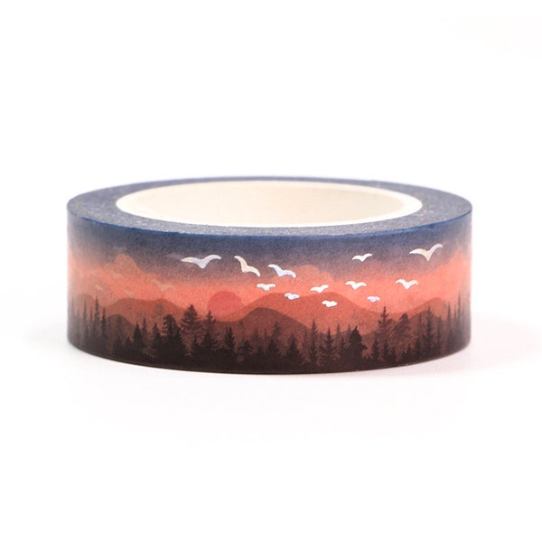 Sunset Landscape Washi Tape, Birds Foil Masking Tape, Cute Pink Washi Tape, Ombre Tape