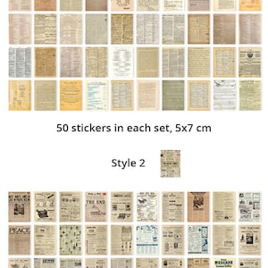 May include: Two sets of vintage-style paper stickers. Style 1 features aged paper with text, while Style 2 showcases newspaper clippings. Each set contains 50 stickers, each measuring 2 x 2.75 inches. The image includes the text "Style 1", "Style 2", and "50 stickers in each set, 5x7 cm".