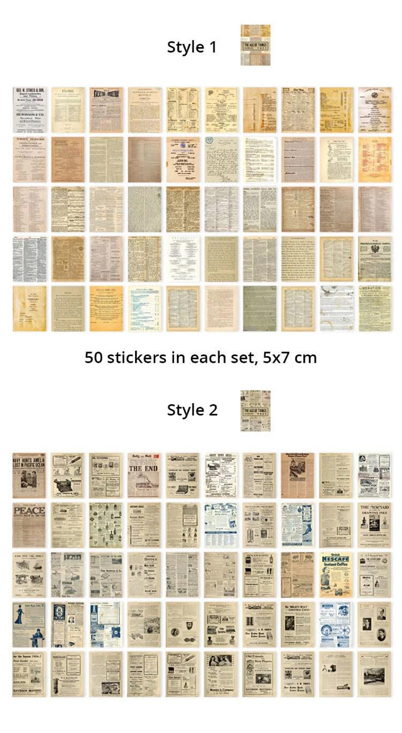 May include: Two sets of vintage-style paper stickers. Style 1 features aged paper with text, while Style 2 showcases newspaper clippings. Each set contains 50 stickers, each measuring 2 x 2.75 inches. The image includes the text "Style 1", "Style 2", and "50 stickers in each set, 5x7 cm".