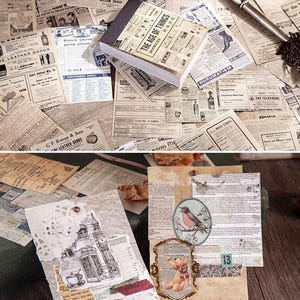 May include: A collection of vintage-style ephemera, including newspaper clippings, notepads with the text "THE AGE OF THINGS", and decorative cards. The color palette is primarily sepia tones, with accents of red and green. The items are arranged on a wooden surface.