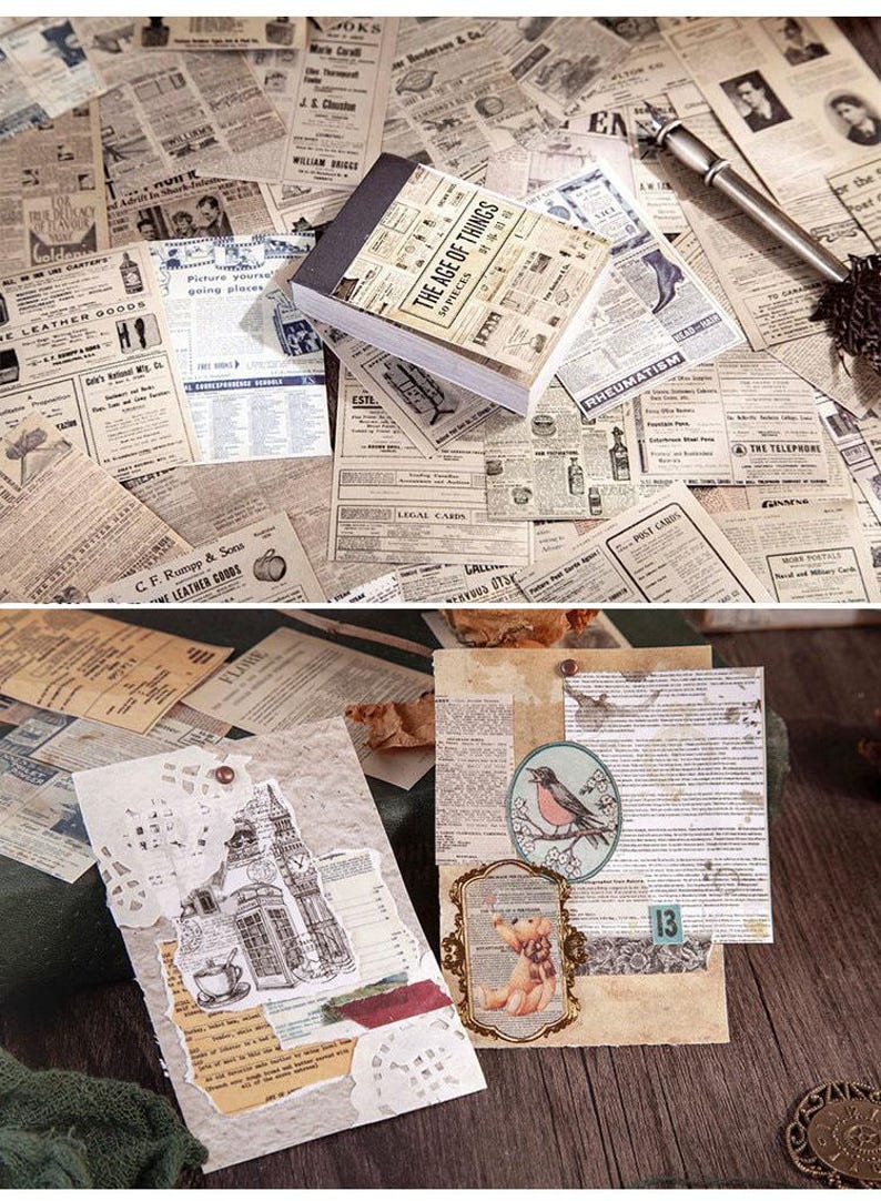 May include: A collection of vintage-style ephemera, including newspaper clippings, notepads with the text "THE AGE OF THINGS", and decorative cards. The color palette is primarily sepia tones, with accents of red and green. The items are arranged on a wooden surface.