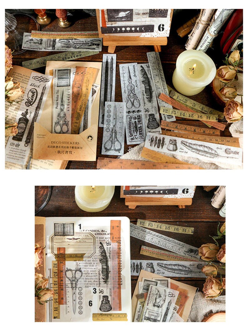 May include: A collection of vintage-style decorative stickers, rulers, and ephemera. The stickers feature scissors, ink bottles, and feathers. The color palette includes beige, brown, and black. The image also includes a lit candle and dried flowers.