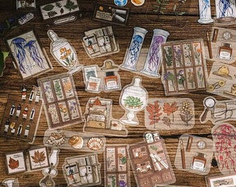 Pegatinas de diario basura (40 unidades), pegatinas para planificador, útiles para diarios, libros, biblioteca, flores, hongos y medusas.