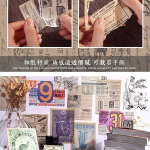 May include: A collage of vintage ephemera, including postage stamps, newspaper clippings, and handwritten notes. The color palette is warm, with sepia tones and faded hues. A glass bottle, ink bottle, and a stack of books are also present. The text in the image says "The texture of the paper is transparent and exquisite, which can be cut and torn by hand."