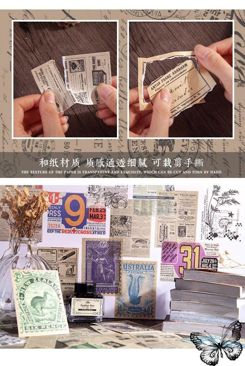 May include: A collage of vintage ephemera, including postage stamps, newspaper clippings, and handwritten notes. The color palette is warm, with sepia tones and faded hues. A glass bottle, ink bottle, and a stack of books are also present. The text in the image says "The texture of the paper is transparent and exquisite, which can be cut and torn by hand."