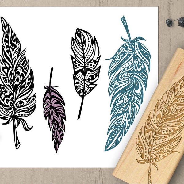 Boho Feather Stamp, Zentangle Feather Rubber Stamp, Tatoo Style Stamp, Tribal Feather Stamp Set, Spirit Feather, Native American Stamp 183