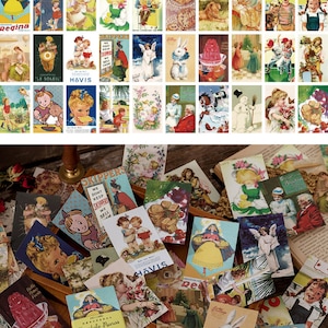 May include: A collection of 60 vintage-style postcards, each measuring approximately 2 x 3 inches. The postcards feature colorful illustrations of children, animals, and advertisements. The text "Style 7" and "Regina" are visible.