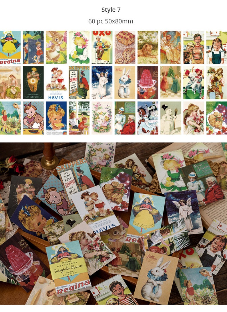 May include: A collection of 60 vintage-style postcards, each measuring approximately 2 x 3 inches. The postcards feature colorful illustrations of children, animals, and advertisements. The text "Style 7" and "Regina" are visible.