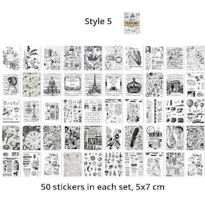 May include: A collection of 50 black and white stickers, each 5x7 cm, featuring vintage-style illustrations and text. Designs include the Eiffel Tower, crowns, clocks, and botanical elements. The text "Style 5" is at the top.