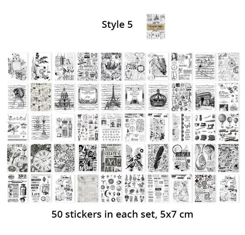 May include: A collection of 50 black and white stickers, each 5x7 cm, featuring vintage-style illustrations and text. Designs include the Eiffel Tower, crowns, clocks, and botanical elements. The text "Style 5" is at the top.