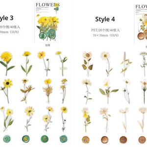 以下が含まれることがあります： 2つのスタイルの花のステッカーセット。スタイル3は黄色の花、スタイル4は白い花です。各セットには20枚のステッカーが含まれており、サイズは70 x 70 mmです。ステッカーには装飾的なワックスシールが付いています。