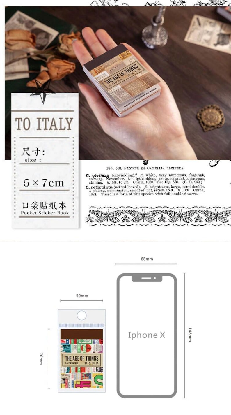 May include: A small, rectangular sticker book with the text "THE AGE OF THINGS" and various vintage-style images. The sticker book measures 50mm x 70mm. The image also includes text that says "TO ITALY" and "Pocket Sticker Book".