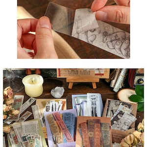 May include: A collection of vintage-style decorative stickers and washi tape. The stickers feature illustrations, text, and book designs. The washi tape has a sketch-like design. A lit candle and scissors are also visible, suggesting a crafting theme.