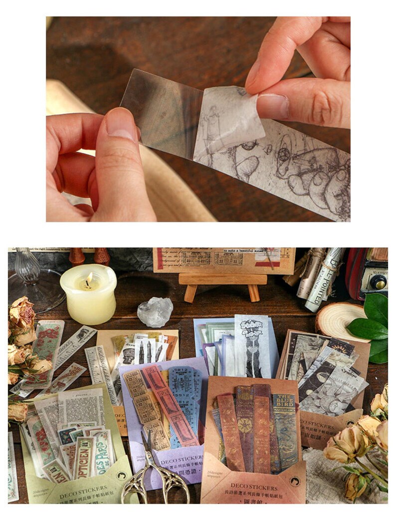 May include: A collection of vintage-style decorative stickers and washi tape. The stickers feature illustrations, text, and book designs. The washi tape has a sketch-like design. A lit candle and scissors are also visible, suggesting a crafting theme.