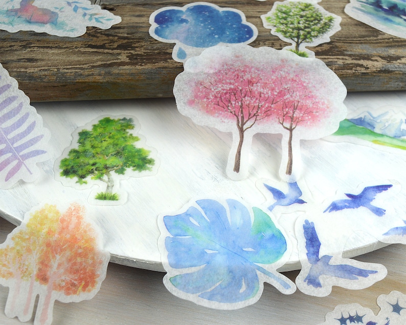 Aquarelle Nature Washi Stickers 60 pcs, Junk Journal Supplies, Trees, Leaf, Natural Sticker Ephemera image 1