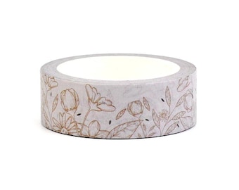 Washi Tape - Floral Outline Border Masking Tape, Journal Supplies, Neutral Botanical Flowers Washi Tape