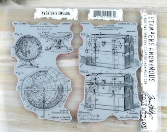 Travel Rubber Stamp Set - Patent Globe Suitcase Rubber Stamps by Tim Holtz, Cling Stamps, Large Stamp, Inventor Background Map Stamp