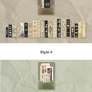 May include: Decorative sticker sets featuring celestial and botanical designs. Style 3 includes stickers with moons, suns, and maps. Style 4 features vintage-style stickers with floral and apothecary themes. The stickers are arranged on a textured, neutral background.