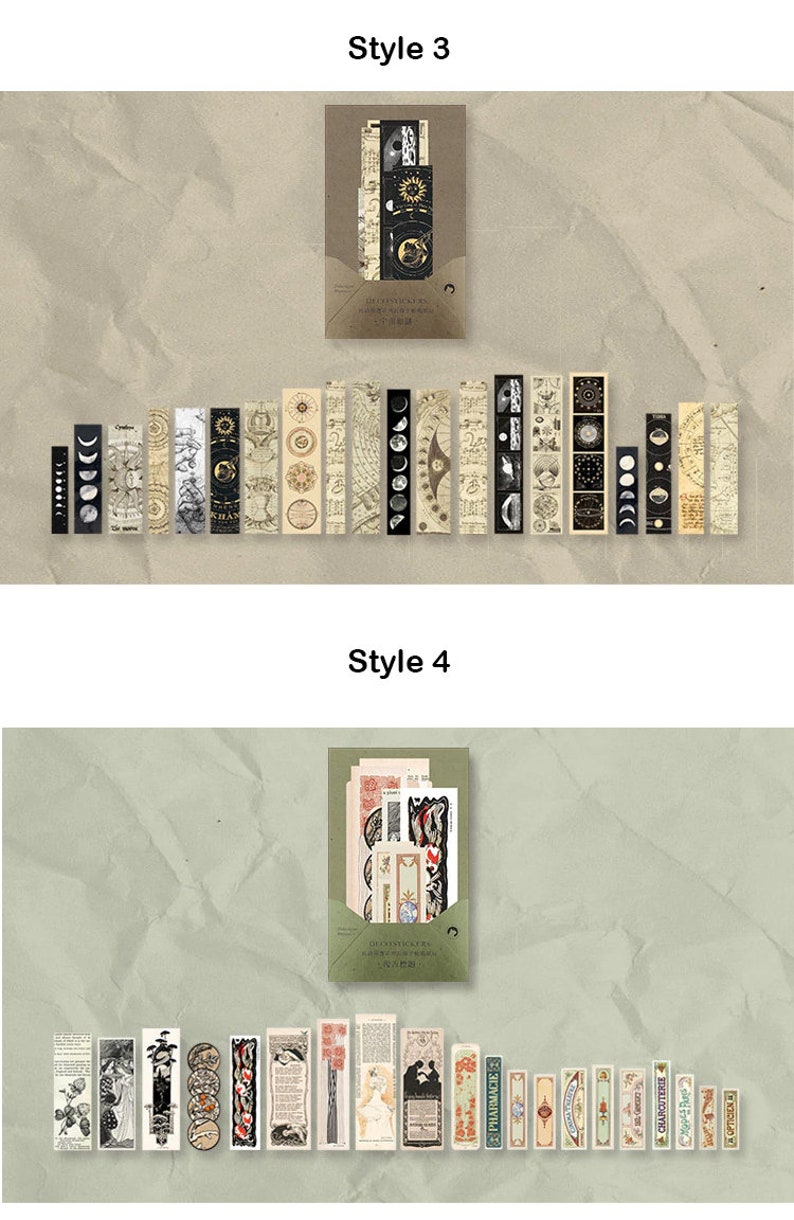 May include: Decorative sticker sets featuring celestial and botanical designs. Style 3 includes stickers with moons, suns, and maps. Style 4 features vintage-style stickers with floral and apothecary themes. The stickers are arranged on a textured, neutral background.