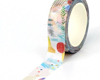 Abstract Cheerful Washi Tape, Foil Abstract Nature Art Masking Tape, Cute Blue Doodle Dots Tape