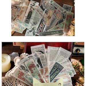 May include: A collection of vintage-style decorative stickers with various designs and text, including "MODES PARIS" and "PHARMACIE." The stickers feature floral and architectural illustrations, with a distressed, aged appearance. The stickers are in a small envelope.