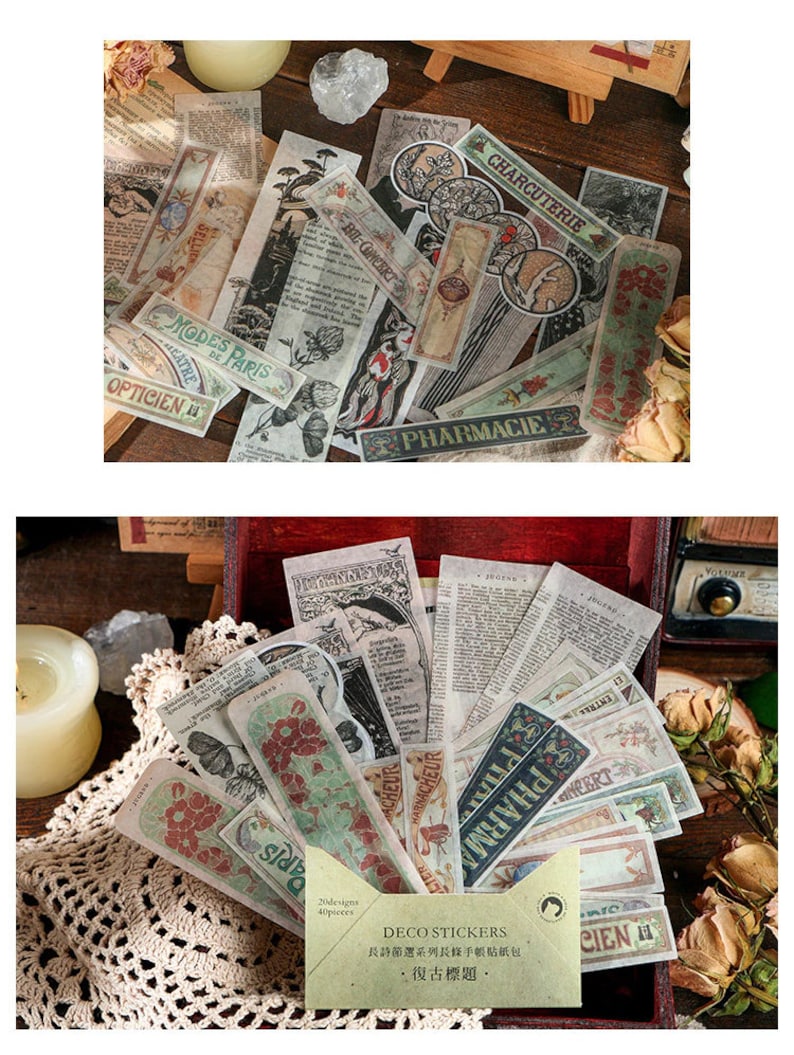 May include: A collection of vintage-style decorative stickers with various designs and text, including "MODES PARIS" and "PHARMACIE." The stickers feature floral and architectural illustrations, with a distressed, aged appearance. The stickers are in a small envelope.