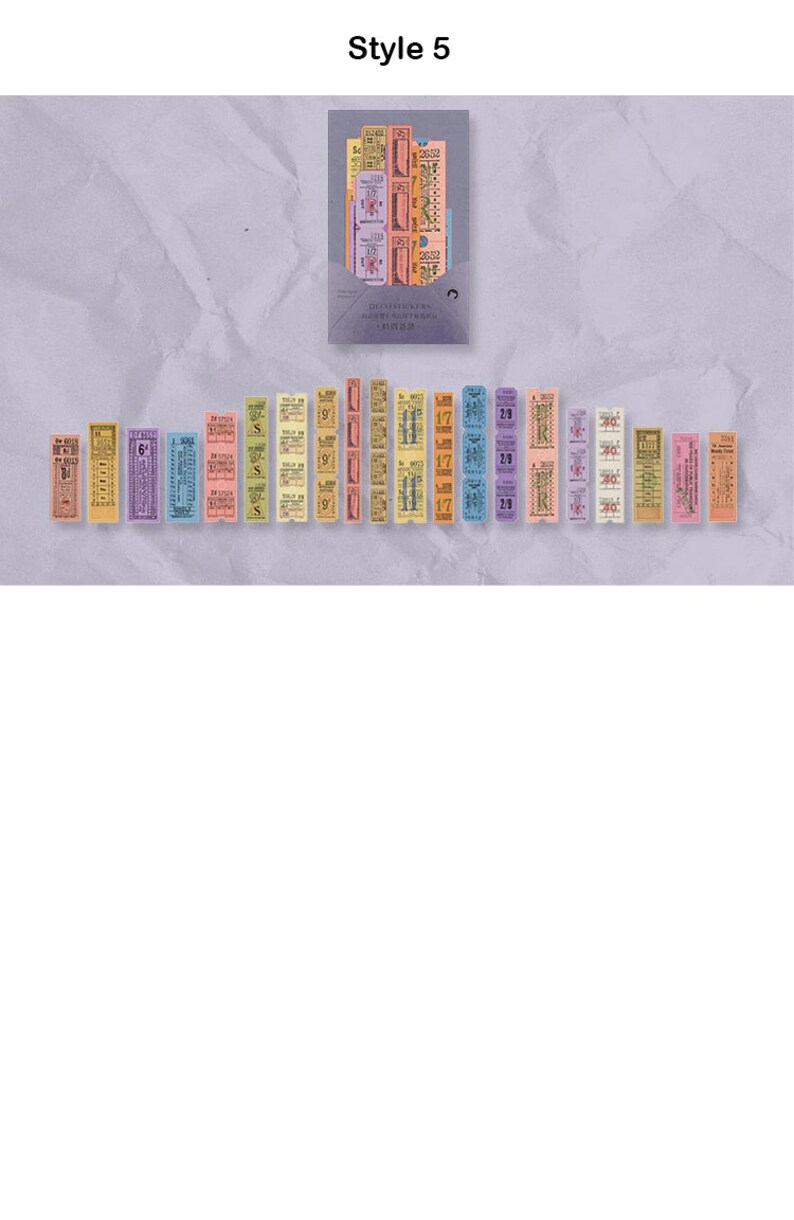 May include: A collection of colorful vintage-style tickets, arranged in rows. The tickets are in various sizes and colors, including yellow, blue, and pink. A packet of tickets is visible at the top, with the text "Style 5".