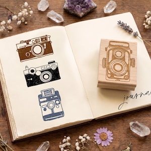 Vintage Camera Rubber Stamp Set, Photographer Travel Journal Stamp - Hand Drawn